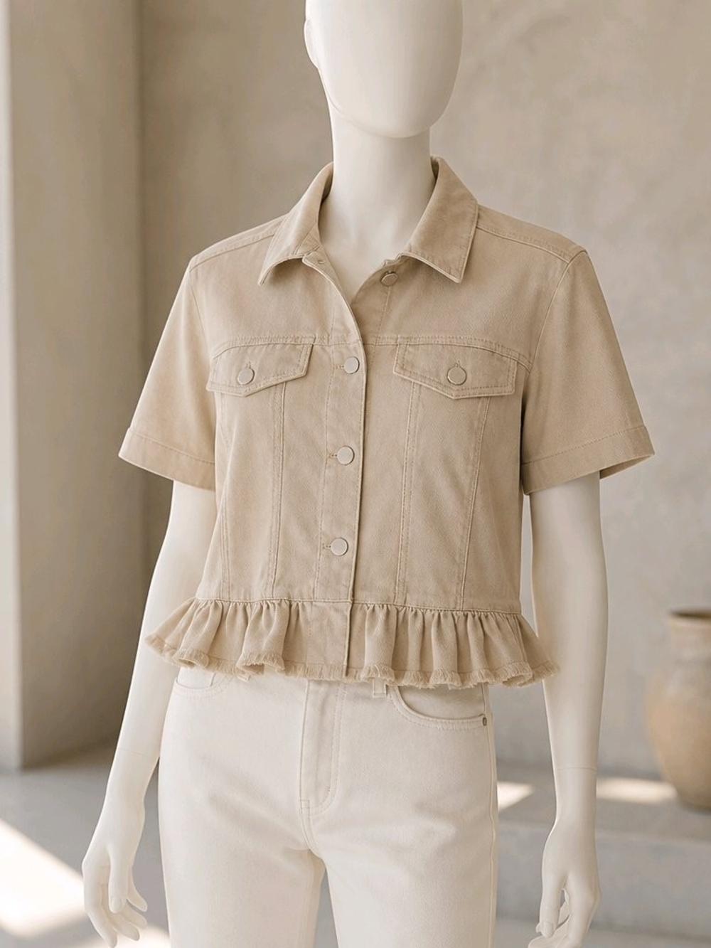 Ruffle-Hem Short Sleeve Button Front Top in Beige